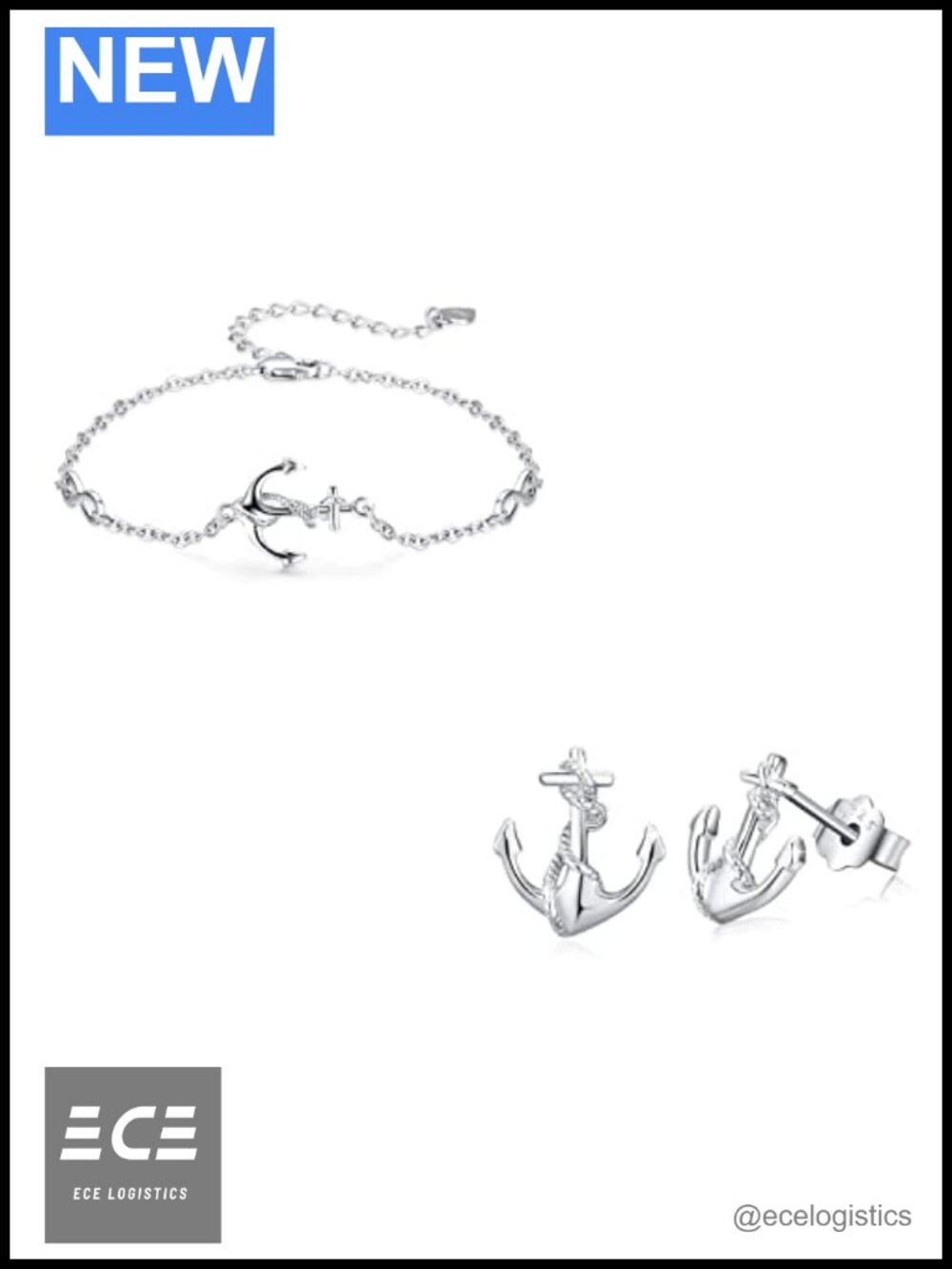 Sterling Silver Anchor Bracelet & Stud Earrings Nautical Jewelry Gift Set